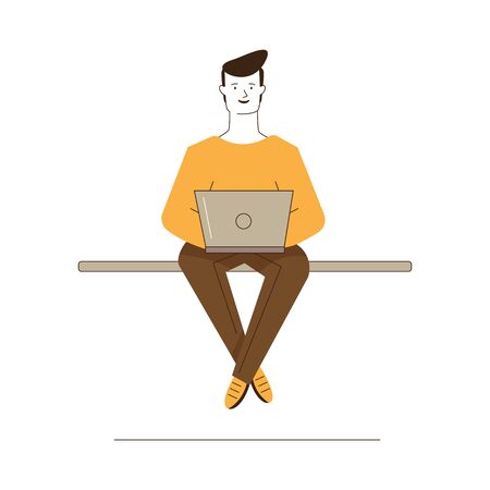 Cartoon man using laptop. Student or freelancer working with computer In public place flat vector illustration. Wireless connection, internet concept for banner, website design or landing web pageのイラスト素材