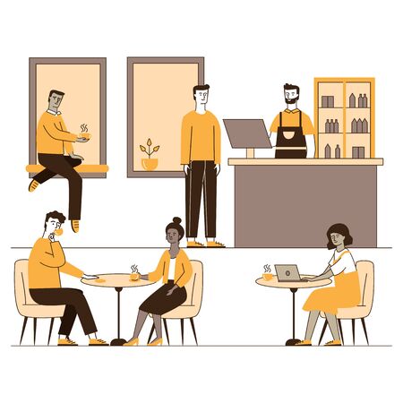 Coffee shop with young people characters dinning in coffeehouse vector illustration. Cafe with men and women drinking coffee and working together. Coworking and collaboration concept.のイラスト素材