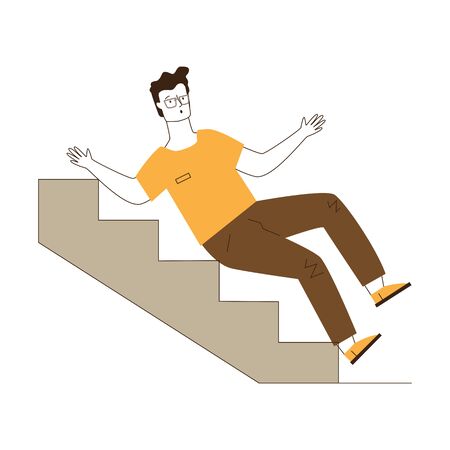 Young man falling downstairs. Cartoon character slipping on steps flat vector illustration. Failure, accident, trauma concept for banner, website design or landing web pageのイラスト素材