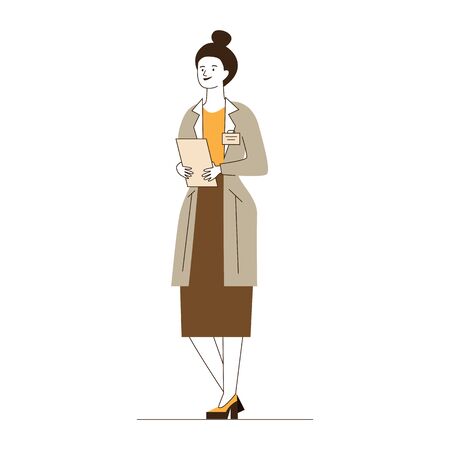 Female physician with medical history. Doctor in white coat flat vector illustration. Healthcare, consulting, examination concept for banner, website design or landing web pageのイラスト素材