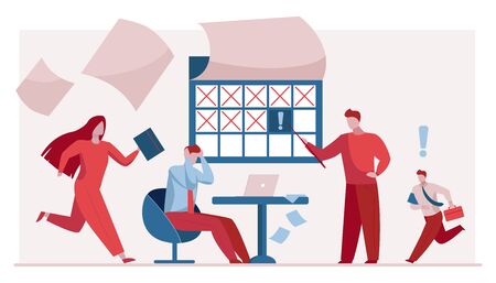 Stressed office staff working in deadline rush. Business people hurrying to finish project flat vector illustration. Business problem, deadline concept for banner, website design or landing web pageのイラスト素材