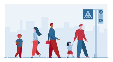 Pedestrians crossing street. Crosswalk, road sign, traffic light flat vector illustration. City, urban life, safety concept for banner, website design or landing web pageのイラスト素材