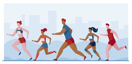 Group of sportsmen running marathon. People in sportswear jogging together flat vector illustration. Sport activities, competition concept for banner, website design or landing web pageのイラスト素材