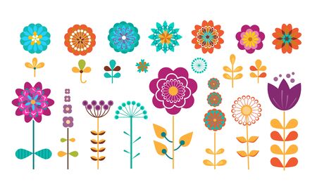 Colorful spring and summer flowers. Floral nature elements for greeting cards, stickers, labels and tags. Vector illustration set for blooming, springtime, gardening, decoration conceptのイラスト素材