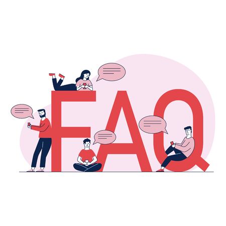 People asking questions and getting instructions. User support for search useful information and problem solution vector illustration. Men and women sitting near giant FAQ. Help and support concept.のイラスト素材