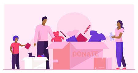 Family packing donation box. Clothes and toys for needy people flat vector illustration. Volunteering, charity, goodwill concept for banner, website design or landing web pageのイラスト素材