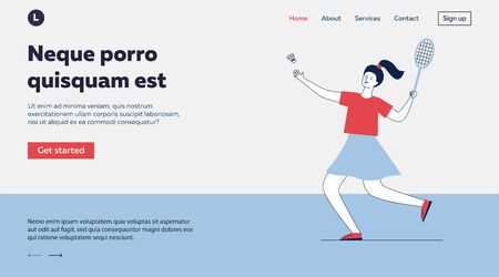 Young woman playing badminton. Cartoon character holding racket and throwing shuttlecock flat vector illustration. Sport, activity, lifestyle concept for banner, website design or landing web pageのイラスト素材