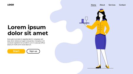 Stewardess offering water. Woman in uniform carrying glasses on tray flat vector illustration. Airlines, occupation, flight concept for banner, website design or landing web pageのイラスト素材