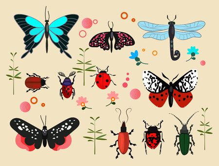 Insects icon set. Set of line icons. Butterfly, bug, dragonfly. Nature concept. Illustrations can be used for topics like nature, insects, environmentの写真素材