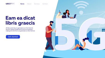 Young people using 5G high speed wireless internet connection. Men and women using digital devices...