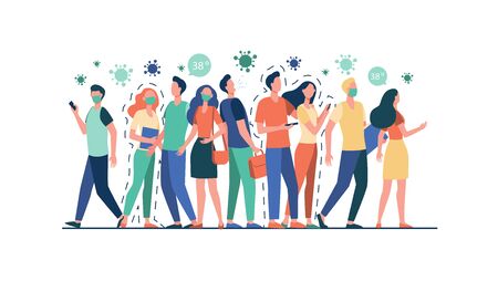 Infection spreading in crowd. People with and without masks standing together, coughing, suffering from fever. Vector illustration for coronavirus, quarantine, danger, alert, outbreak conceptのイラスト素材