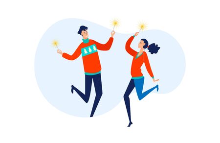 Cheerful couple celebrating Christmas. Man and woman holding sparklers and dancing flat vector illustration. New Year, Xmas, party, holiday concept for banner, website design or landing web pageのイラスト素材