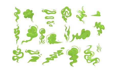 Stinky smoke samples set. Green fart clouds, toxic steam, odor. Vector illustration for bad smell, disgusting stink, poor hygiene conceptのイラスト素材