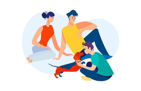 Happy family with pet enjoying leisure time together. Couple of parents, teen boy, dog flat vector illustration. Family, lifestyle, togetherness concept for banner, website design or landing web pageのイラスト素材