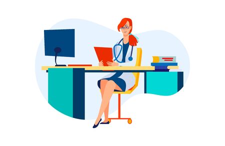 Female doctor at her workplace. Woman in white coat at computer, practitioner flat vector illustration. Medical occupation, hospital concept for banner, website design or landing web pageのイラスト素材