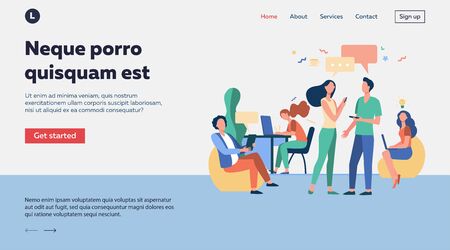 Hipster people talking and using computers in co-working. Creative team meeting and working in open space. Vector illustration for workplace, teamwork, business conceptのイラスト素材