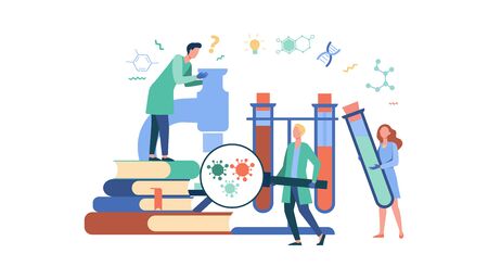 Group of scientists with microscope, chemical tubes and books doing epidemiology research. Chemists studying corona virus tests in medical lab. Can be used for coronavirus pandemic, covid 2019 topicsの写真素材