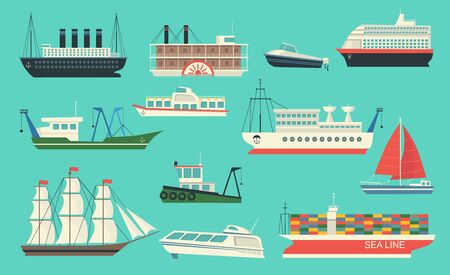 Sea transport set. Ships, sailboat with canvas, yacht, freight ferry, cruise liner, motorboat, boats with cranes. Can be used for ocean travel, transportation, shipping, logistics conceptsの写真素材