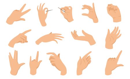 Female hand gestures flat vector illustration. Isolated folded wrists, fist, counting fingers, greeting or pointing hands set. Communication and signs conceptの写真素材