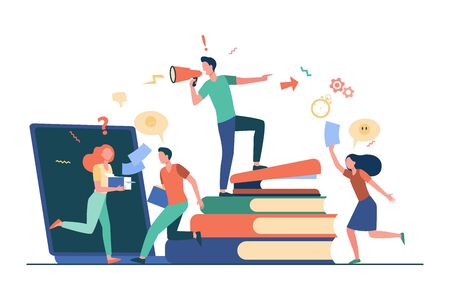 Office chaos vector illustration. Angry boss shouting at megaphone, busy employees running in hurry and panic. Can be used for lack of time, deadline, stress at work conceptsのイラスト素材