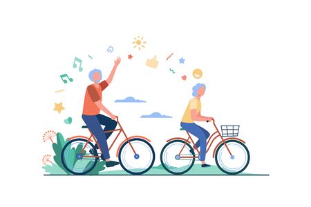Senior man and woman riding bikes in city park. Happy cartoon old family couple enjoying outdoor activity. Vector illustration for retirement, active lifestyle, age, relationship conceptのイラスト素材