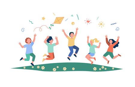 Happy children playing in summer park flat vector illustration. Cartoon cute boys and girls jumping with kite on meadow. Kindergarten and holiday conceptのイラスト素材