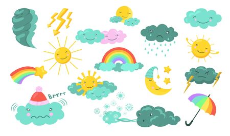 Weather cartoon characters. Cute cloud, sun with face, rainbow, moon, rain, star, lightning, umbrella, wind. Vector illustration for sunny or rainy weather, summer or winter, nature, planet topicsのイラスト素材