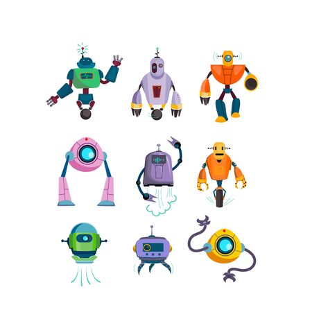 Cute futuristic robots flat icon set. Cartoon cyborg and guardian characters isolated vector illustration collection. Games and modern robotic technology conceptのイラスト素材