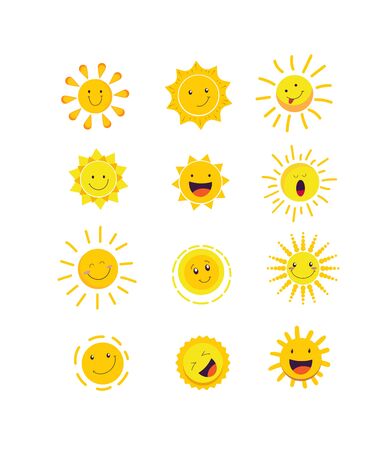 Cute suns for kids flat icon set. Cartoon sunshine emoji, smiling sunny faces isolated vector illustration collection. Emoticons and spring weather conceptのイラスト素材