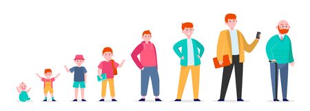 Red-haired man in different age. Teenager, infancy, father flat vector illustration. Growth cycle and generation concept for banner, website design or landing web pageのイラスト素材
