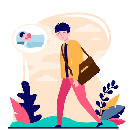 Tired adult office employee going to work without coffee flat vector illustration. Sleepy adult sad man wishing sleep. Morning and lack of sleep conceptのイラスト素材