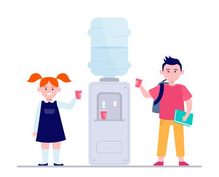 Happy children drinking water at cooler. Students, boy and girl, school hallway flat vector illustration. Beverage, refreshment, watercooler concept for banner, website design or landing web pageのイラスト素材