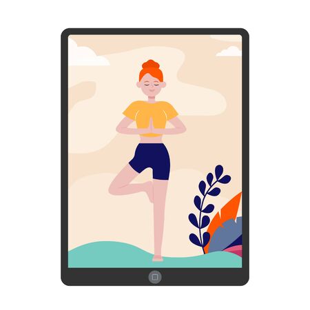 Yoga teacher giving online lesson. Woman standing in tree pose, gadget screen flat  illustration. Meditation, relaxation, balance concept for banner, website design or landing web pageのイラスト素材
