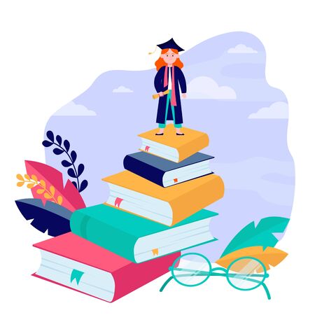 Graduate from school or college. Student girl wearing graduation hat standing on stack of books flat vector illustration. Education, knowledge concept for banner, website design or landing web pageのイラスト素材