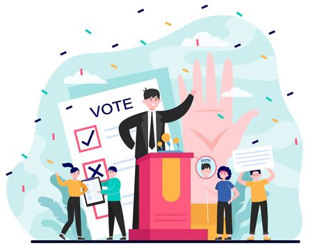 Election and political campaign. Politician speaker, candidate, voting citizens, ballot paper. Flat vector illustration for democracy, society, referendum conceptsのイラスト素材