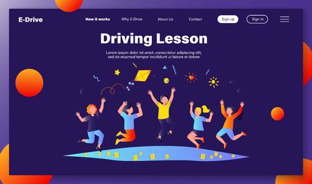 Happy children playing in summer park flat vector illustration. Cartoon cute boys and girls jumping with kite on meadow. Kindergarten and holiday conceptのイラスト素材