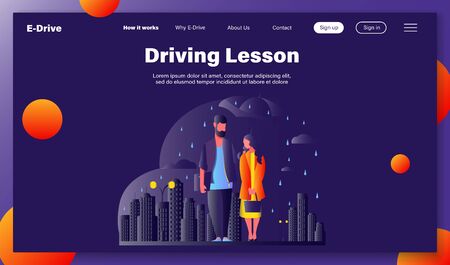 Young couple in rain vector illustration. Man and woman in raincoats standing under umbrella on urban street. Autumn rain image for weather, season, climate conceptのイラスト素材