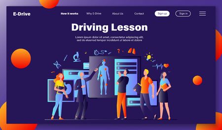 Senior professor lecturing students group in classroom. Grey haired doctor pointing at body silhouette, explaining human anatomy. Vector illustration for education, conference, class, medicine conceptのイラスト素材