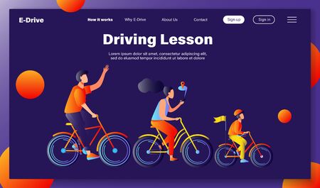 Happy young family riding on bikes at park flat vector illustration. Cycling along road near the water with city on background. Summer activity and healthy lifestyle concept.のイラスト素材
