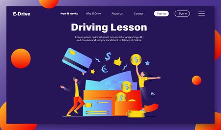 Happy tiny man and woman with big open wallet flat vector illustration. Isolated young guy holding plastic card and girl with coin. Salary, credit balance and budget conceptのイラスト素材