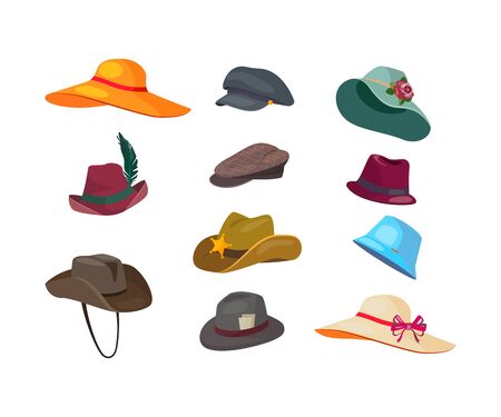 Man and woman hats flat icon set. Cartoon vintage headwear, caps and panamas isolated vector illustration collection. Fashion and wearing conceptのイラスト素材