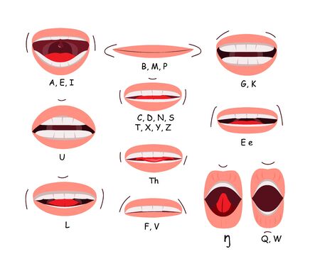 Mouth sync flat icon set. Lips for cartoon character animation or English pronunciation signs isolated vector illustration collection. Talking and speaking conceptのイラスト素材