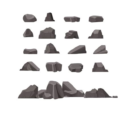 Rock stones flat icon set. Cartoon natural massive boulders, granite cliffs and cobbles isolated vector illustration collection. Mountains and landscape conceptのイラスト素材