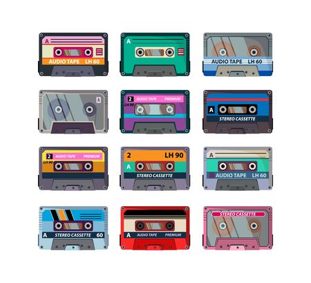 Different stereo cassettes flat icon set. Vintage retro audio tapes, old school record technology isolated vector illustration collection. Outdated equipment and music conceptのイラスト素材
