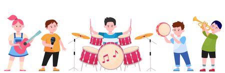 Cartoon children band flat vector illustration. Cute young artists, singers or musicians singing song and playing musical instruments. Party, music and performance conceptのイラスト素材