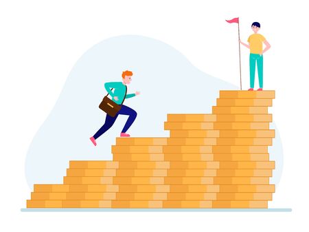 Man climbing on money bar chart. His colleague standing on top with flag flat vector illustration. Finance, success, leader concept for banner, website design or landing web pageのイラスト素材