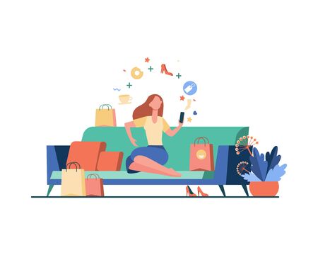 Young woman with smartphone choosing goods isolated flat vector illustration. Cartoon girl ordering food and clothes in online store. Delivery and ecommerce conceptのイラスト素材