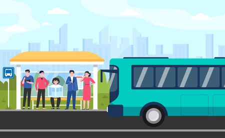 Cartoon passengers standing at bus stop flat vector illustration. Women and men waiting for public transport. Transportation, driving and conveyance conceptのイラスト素材