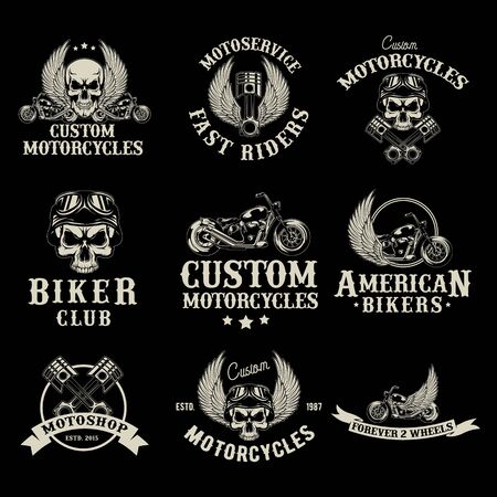 Motor bike shop logo set. Biker club emblems, moto service garage badges and stamps. Vector illustration for retro advertising design, motorcycling racers community, motorbike repair conceptのイラスト素材