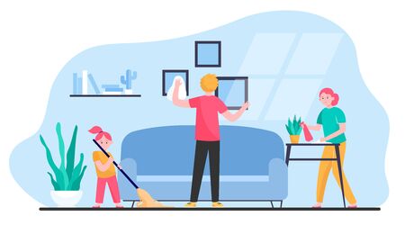 Happy family cleaning apartment flat vector illustration. Cartoon mother, father and daughter housekeeping together. Togetherness, flat, home and household conceptのイラスト素材